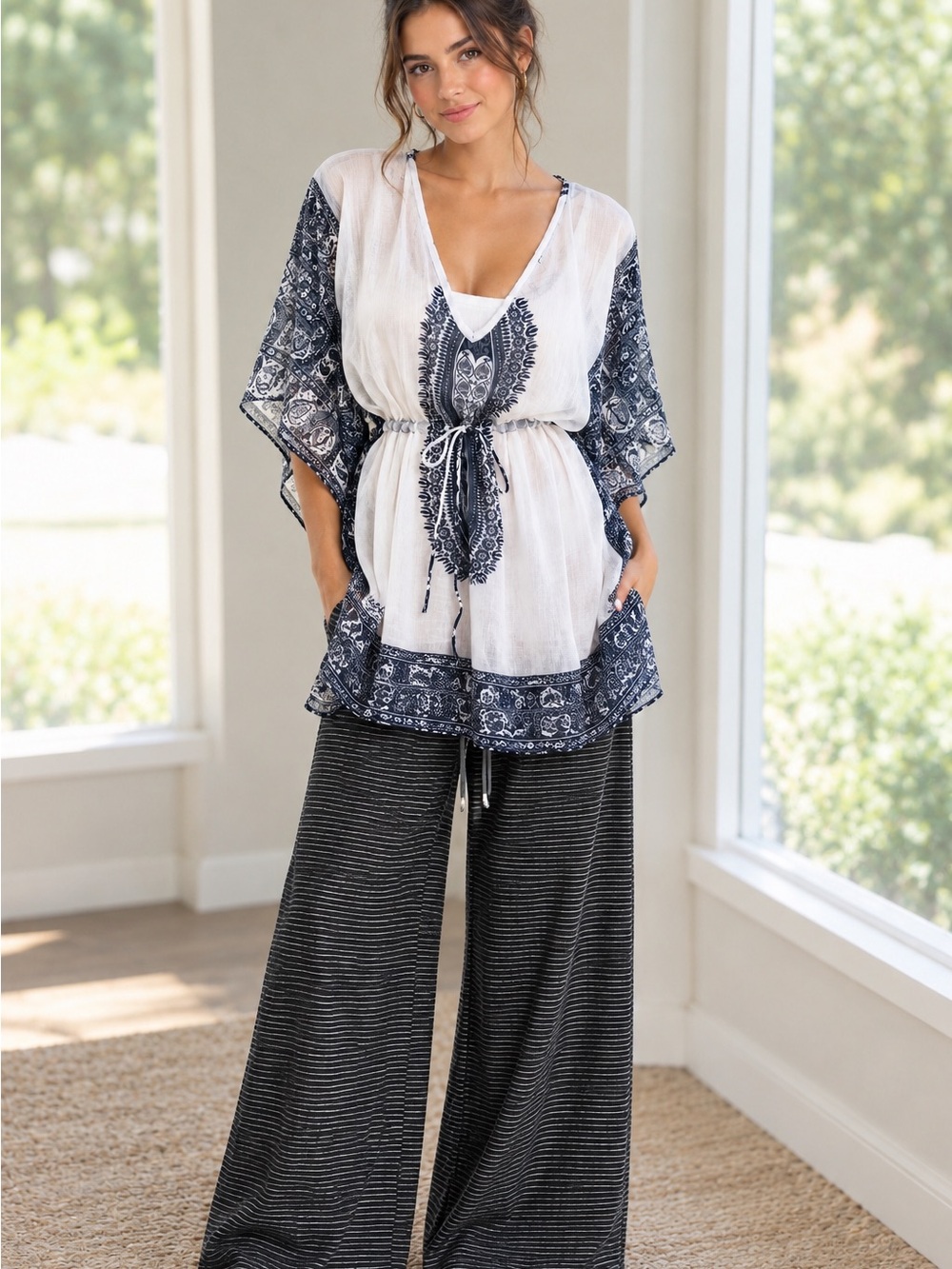 White Navy Paisley Sheer Tunic & Black Striped Wide Leg Pants Set L